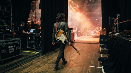 Musician with electric guitar walking backstage into arena concert venue under stage lights
